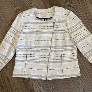 LOFT Ann Taylor | Asymmetric Zip Moto Jacket Cotton Tweed Striped Black & White